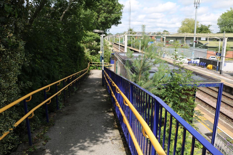 A narrow outdoor pathway beside a railway station with a paved surface and yellow and blue metal railings on each side, leading towards the train platform in the background. The pathway is partially shaded by trees and bushes on the left, with sunlight casting shadows on the ground. A small, young coniferous tree grows next to the blue railing on the right side, and above, electrical wires and station infrastructure are visible. To the far side of the platform, parked cars and a building are seen, with a clear, partly cloudy sky overhead. The image depicts an accessible route adjacent to the station, relevant to home relocation planning and moving logistics supported by Removal Van Edgware.